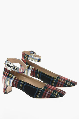 MM22 6cm Tartan Cheked Ankle-Strap Pumps With Square Toe