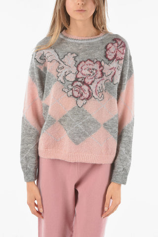 Crew Neck Floral Patterned Mohair Blend Sweater