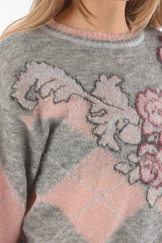 Crew Neck Floral Patterned Mohair Blend Sweater