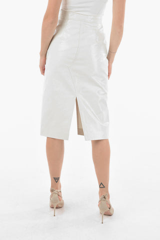 Crakle effect Faux Leather Midi Skirt with Double Slit