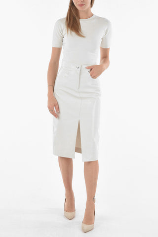 Crakle effect Faux Leather Midi Skirt with Double Slit
