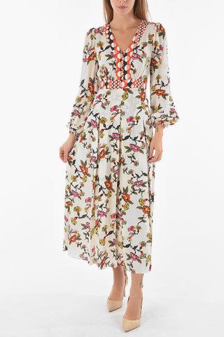 Floral Silk Blend ANJALI Midi Dress with V neckline
