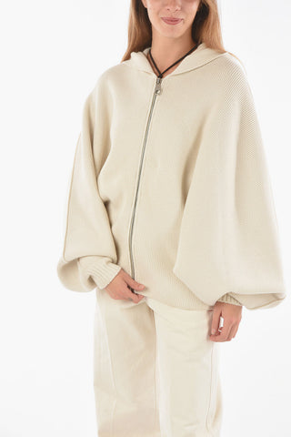 Cashmere Blend Zip-up Hooded Sweater with Batwing Sleeves