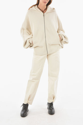 Cashmere Blend Zip-up Hooded Sweater with Batwing Sleeves