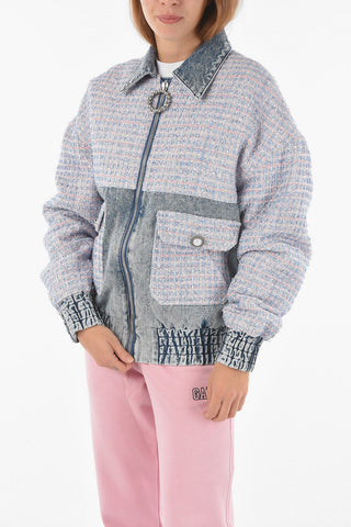 Tweed Denim Padded Bomber with Jewel Zip Puller