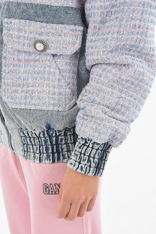 Tweed Denim Padded Bomber with Jewel Zip Puller