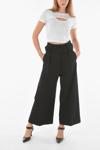 Wool Single-pleated Boot-cut Pants with Belt