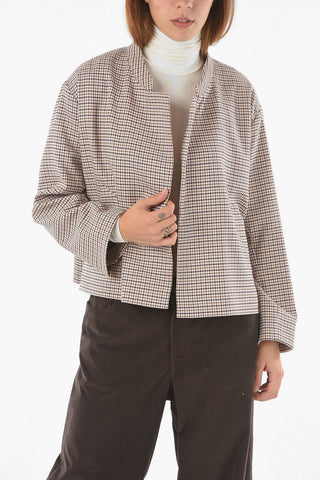 SEE BY Collarless Cropped Blazer with Houndstooth Motif