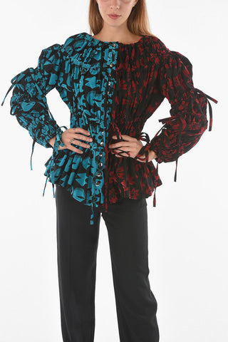Two-tone ORLOV Velour Floral Blouse with Drawstrings