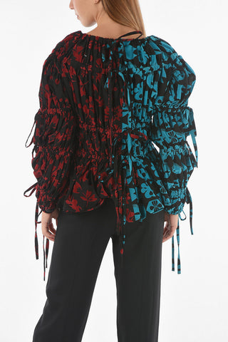 Two-tone ORLOV Velour Floral Blouse with Drawstrings