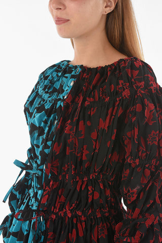 Two-tone ORLOV Velour Floral Blouse with Drawstrings