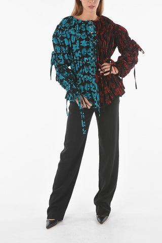 Two-tone ORLOV Velour Floral Blouse with Drawstrings