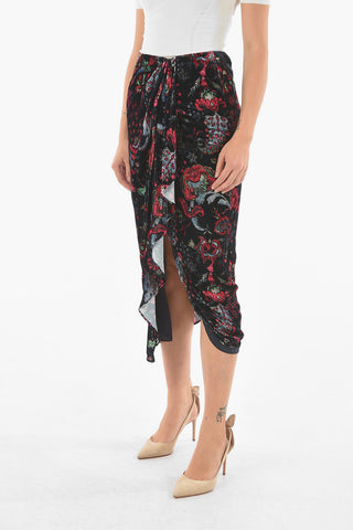 Floral Velour Silk Blend BREENEA Midi Skirt with Front Slit