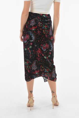 Floral Velour Silk Blend BREENEA Midi Skirt with Front Slit