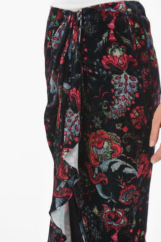 Floral Velour Silk Blend BREENEA Midi Skirt with Front Slit
