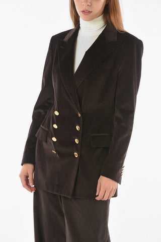 Double Breasted Velvet Blazer With Flap Pockets