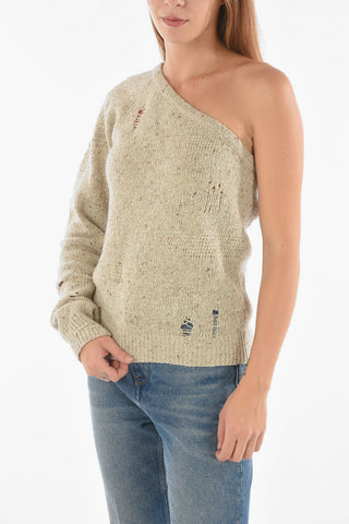 Maglia Monospalla in Misto Lana con Dettagli Distressed
