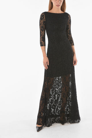 Laced Flared Maxi Dress with Boat Neckline