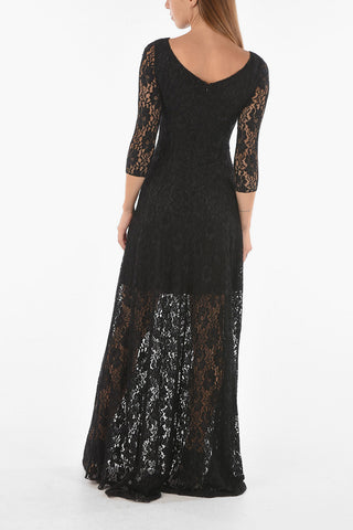 Laced Flared Maxi Dress with Boat Neckline