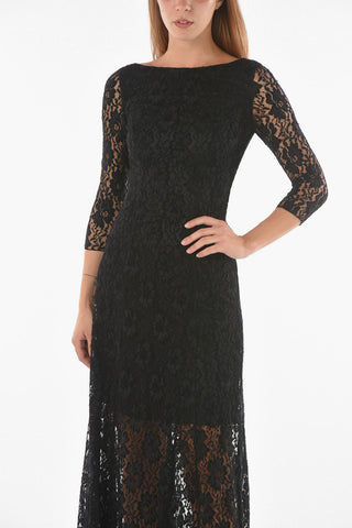Laced Flared Maxi Dress with Boat Neckline