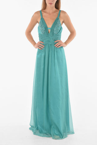 Double-layered V-neck Long Dress Embellished with Pearls