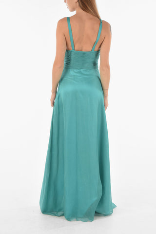 Double-layered V-neck Long Dress Embellished with Pearls