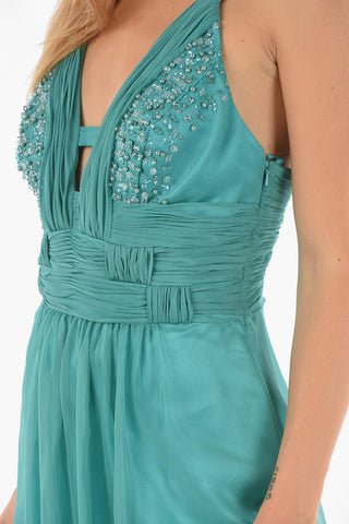 Double-layered V-neck Long Dress Embellished with Pearls
