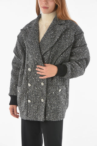 Quilted Double-breasted Coat with Sequin Details and Jewel Buttons