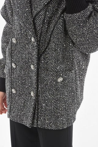 Quilted Double-breasted Coat with Sequin Details and Jewel Buttons