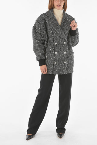 Quilted Double-breasted Coat with Sequin Details and Jewel Buttons