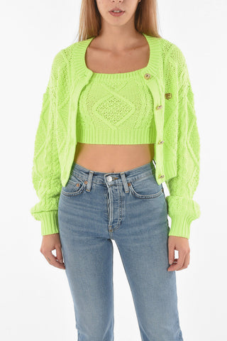 Aran Wool Blend Cardigan with Matching Crop Top and Jewel Buttons