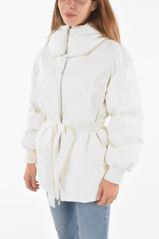 Padded Faux Leather Bomber Hoodie KAYLA with Logo Belt at Waist