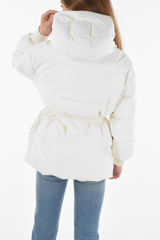 Padded Faux Leather Bomber Hoodie KAYLA with Logo Belt at Waist