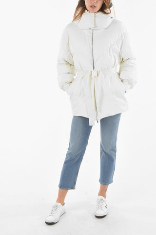 Padded Faux Leather Bomber Hoodie KAYLA with Logo Belt at Waist