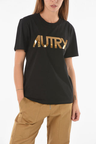 Crew Neck Lamè Logo Cotton T-Shirt