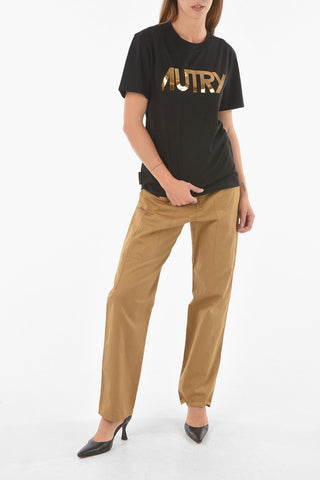 Crew Neck Lamè Logo Cotton T-Shirt