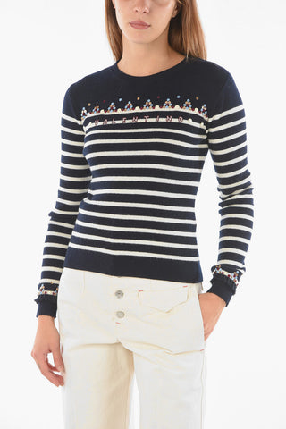 Maglia Girocollo in Lana con Motivo a Righe e Logo in Paillettes