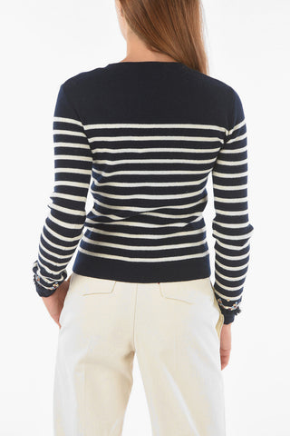 Maglia Girocollo in Lana con Motivo a Righe e Logo in Paillettes