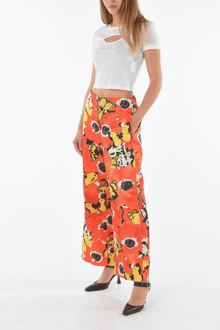 X JOE BRAINARD Satin Tech Fabric PENSIES Pants with Butterflies Print