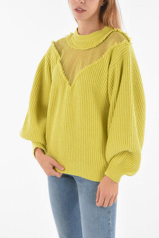 Cashmere Blend Sweater with Puffed Long Sleeves and Meshed Detailing