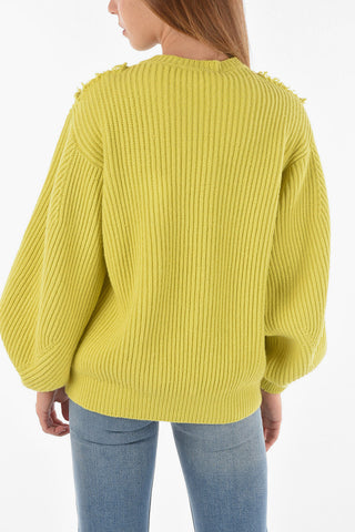 Cashmere Blend Sweater with Puffed Long Sleeves and Meshed Detailing