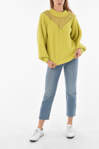 Cashmere Blend Sweater with Puffed Long Sleeves and Meshed Detailing