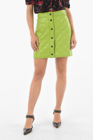 Faux Leather Quilted Mini Skirt with Front Button Fastening