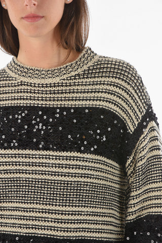 Linen-blend Sweater in Stripe Pattern with Sequin-embellishment.