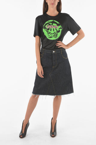 Frayed Denim Skirt With Hidden Buttons