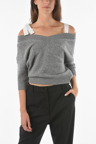 3/4-Sleeved Off-Shoulder Wool Sweater