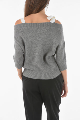 3/4-Sleeved Off-Shoulder Wool Sweater