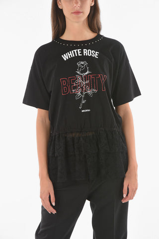 T-Shirt WHITE ROSE in Cotone con Fondo in Pizzo