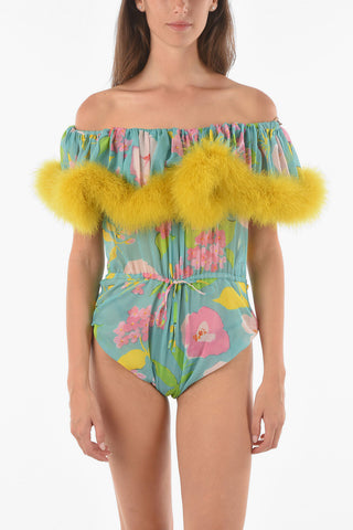 Feather Ornament Floral Patterned Silk Bodysuit