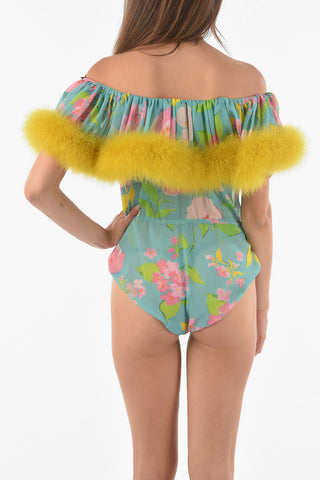 Feather Ornament Floral Patterned Silk Bodysuit